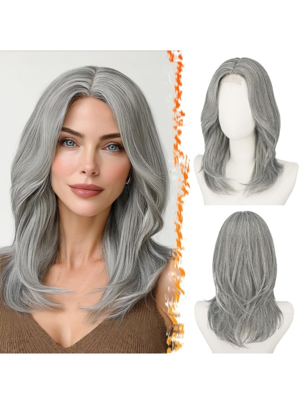 16 Inch Women's Gray Mix Fashion Butterfly Layered Straight Curtain Bangs Wigs